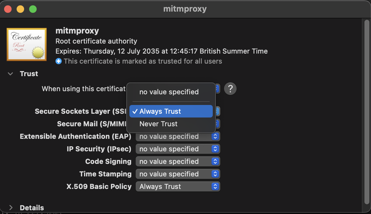 Mac mitmproxy certificate settings